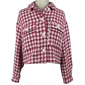 Parisian Chic Jacket Womens M Pink White Houndstooth Tweed‎ Cropped Button Front